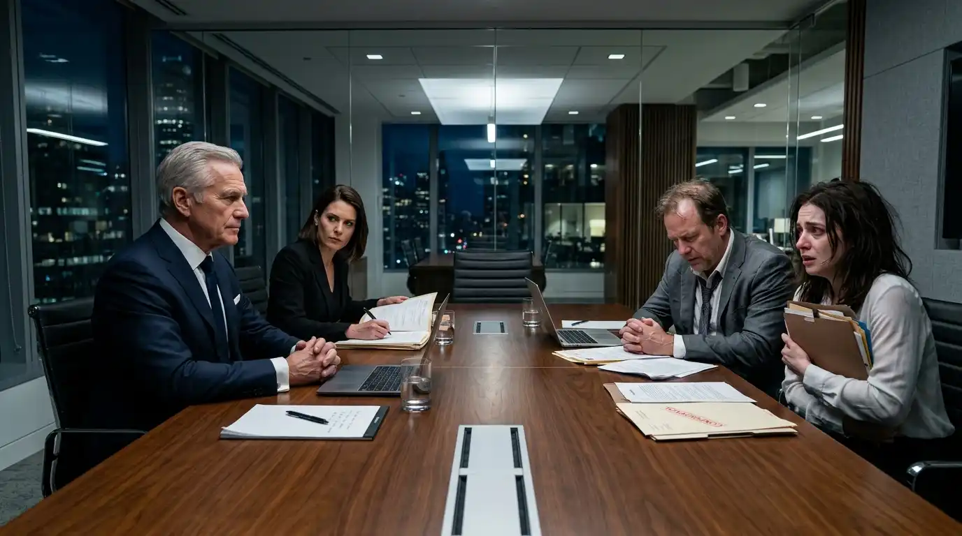 Albert and his lawyer confronting Logan and Chelsea in a sleek conference room