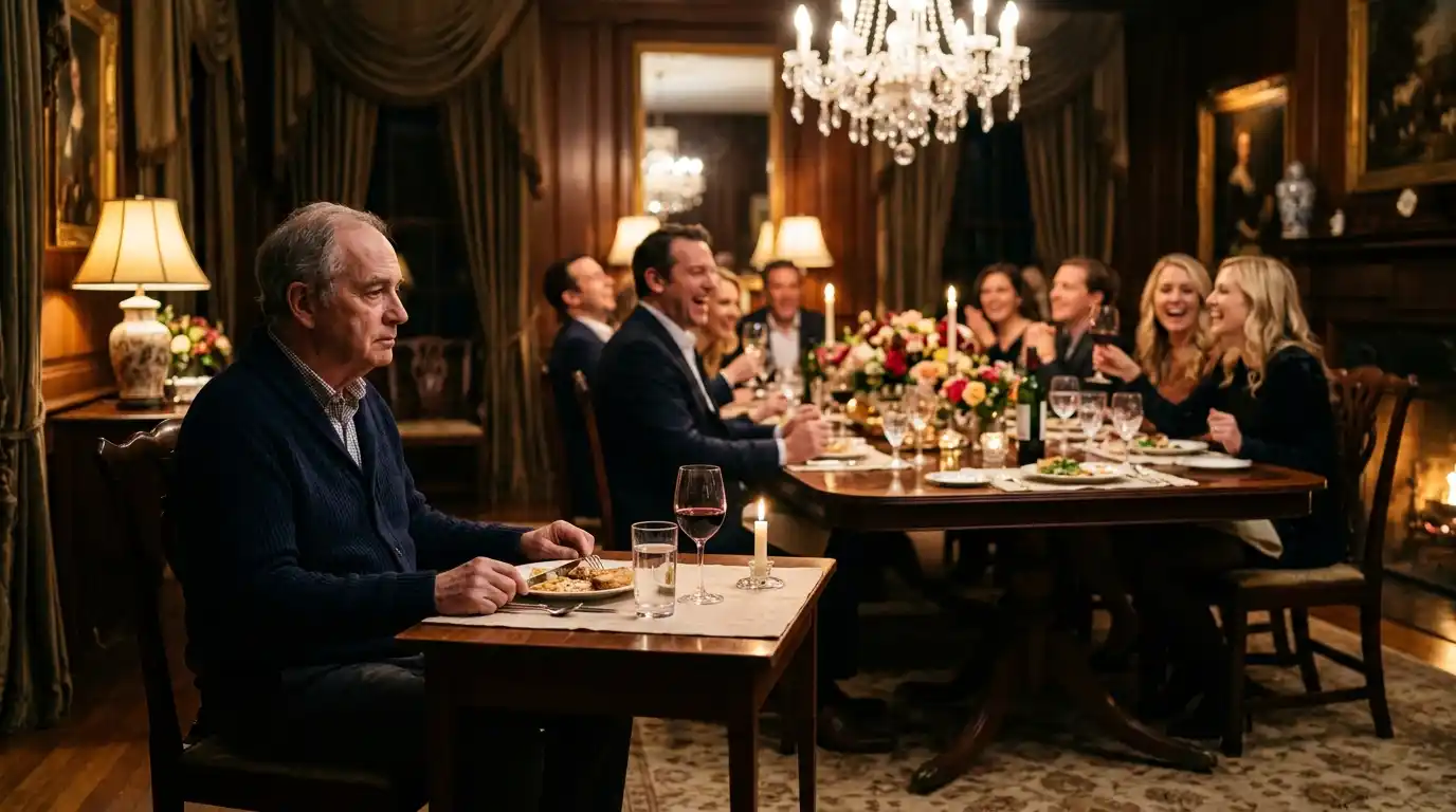 Albert eating alone at a small side table while his family laughs in the background