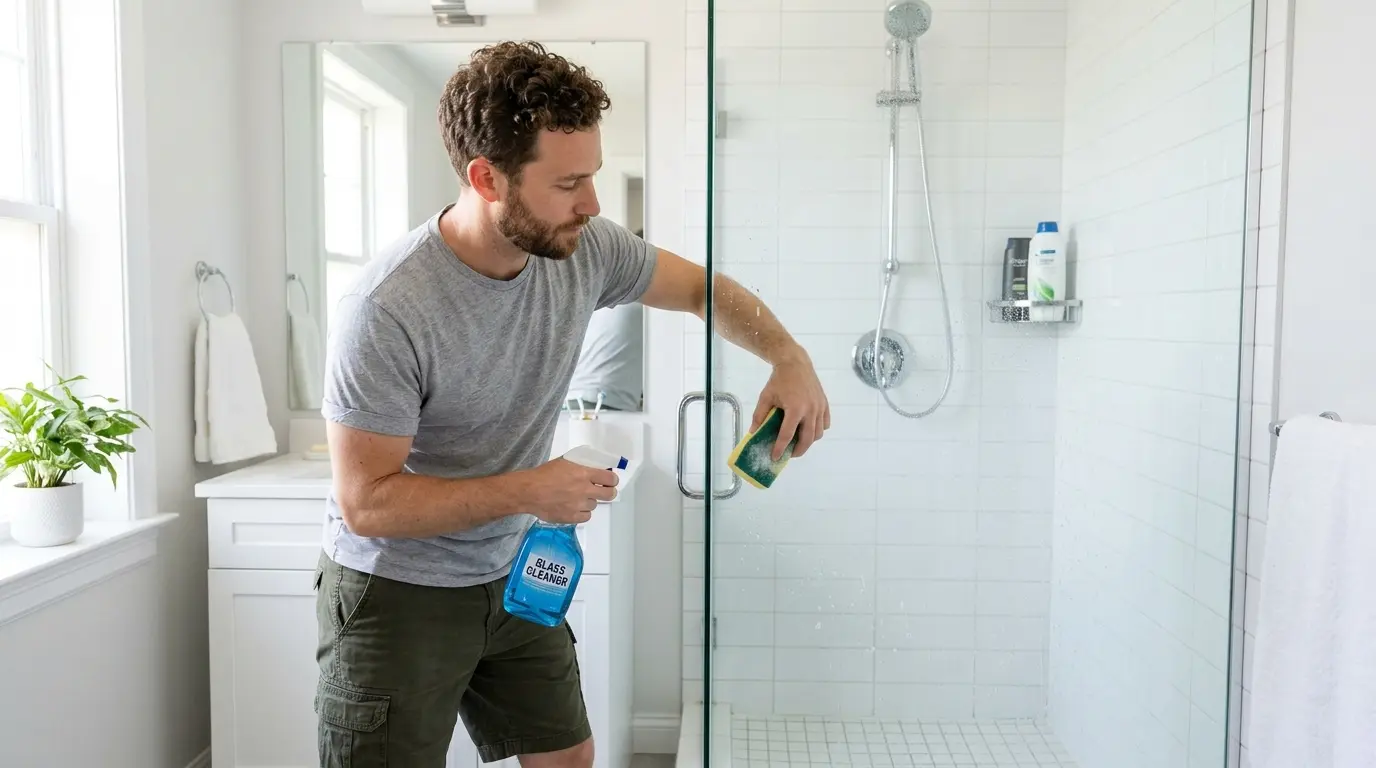 Alex diligently cleaning his glass shower door and tiles