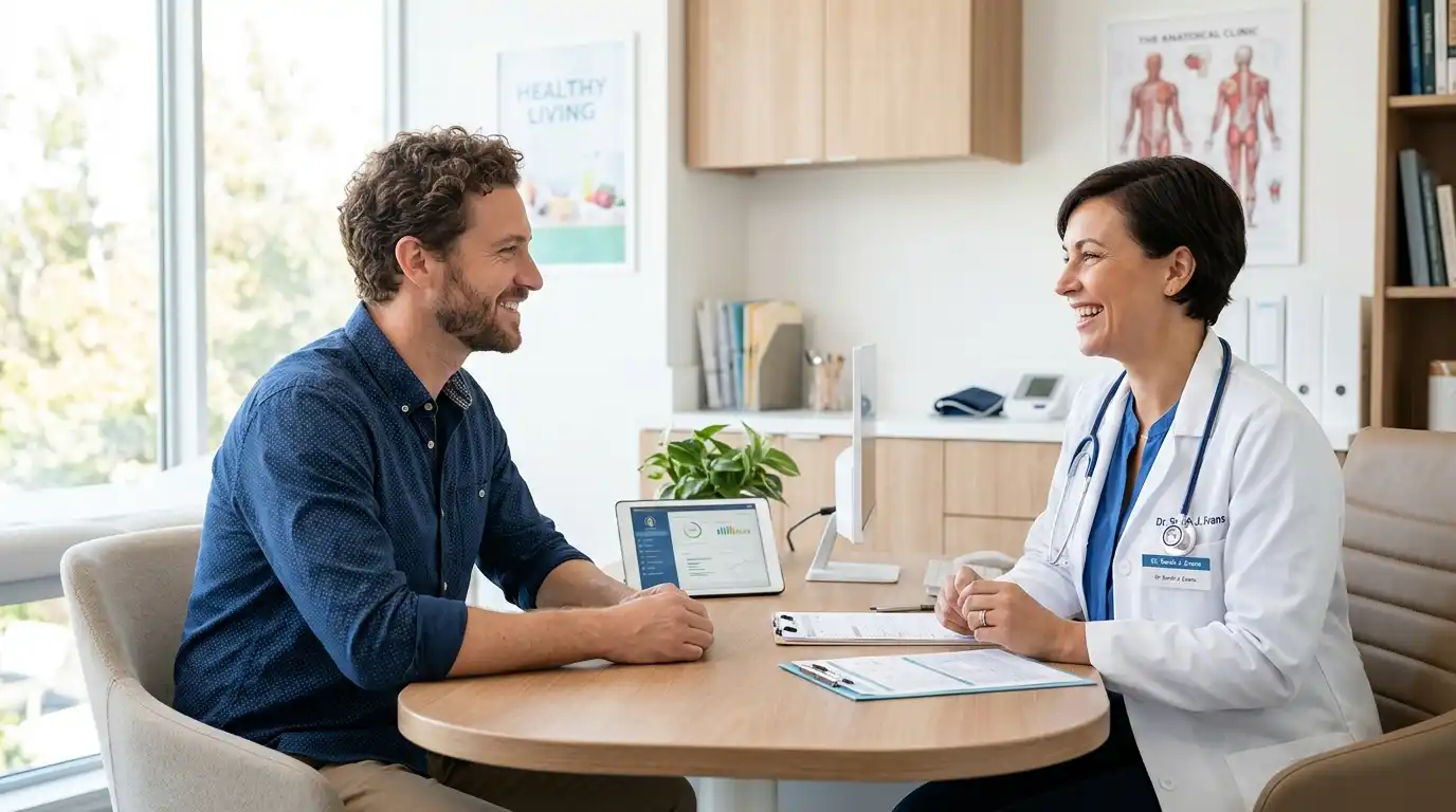 Alex smiling while talking to a friendly female doctor in a clinic