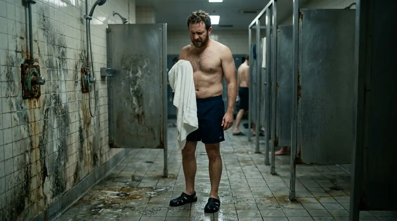 Alex standing in a public gym locker room shower wearing sandals