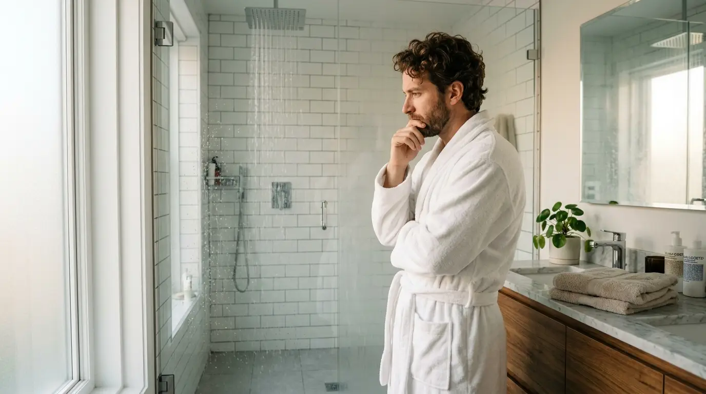 Alex looking thoughtfully at his running shower
