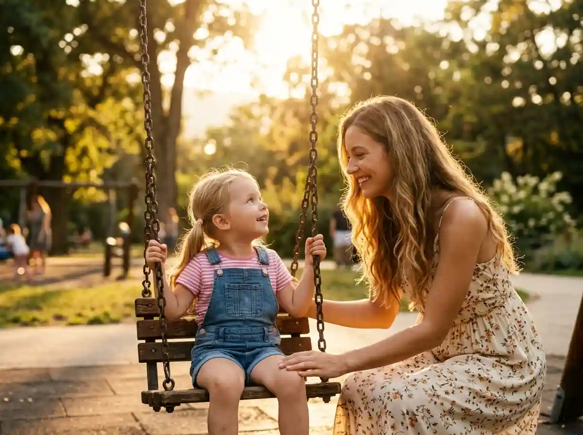 Amelia in a sundress talking to Sophie on a park swing in the golden afternoon light.