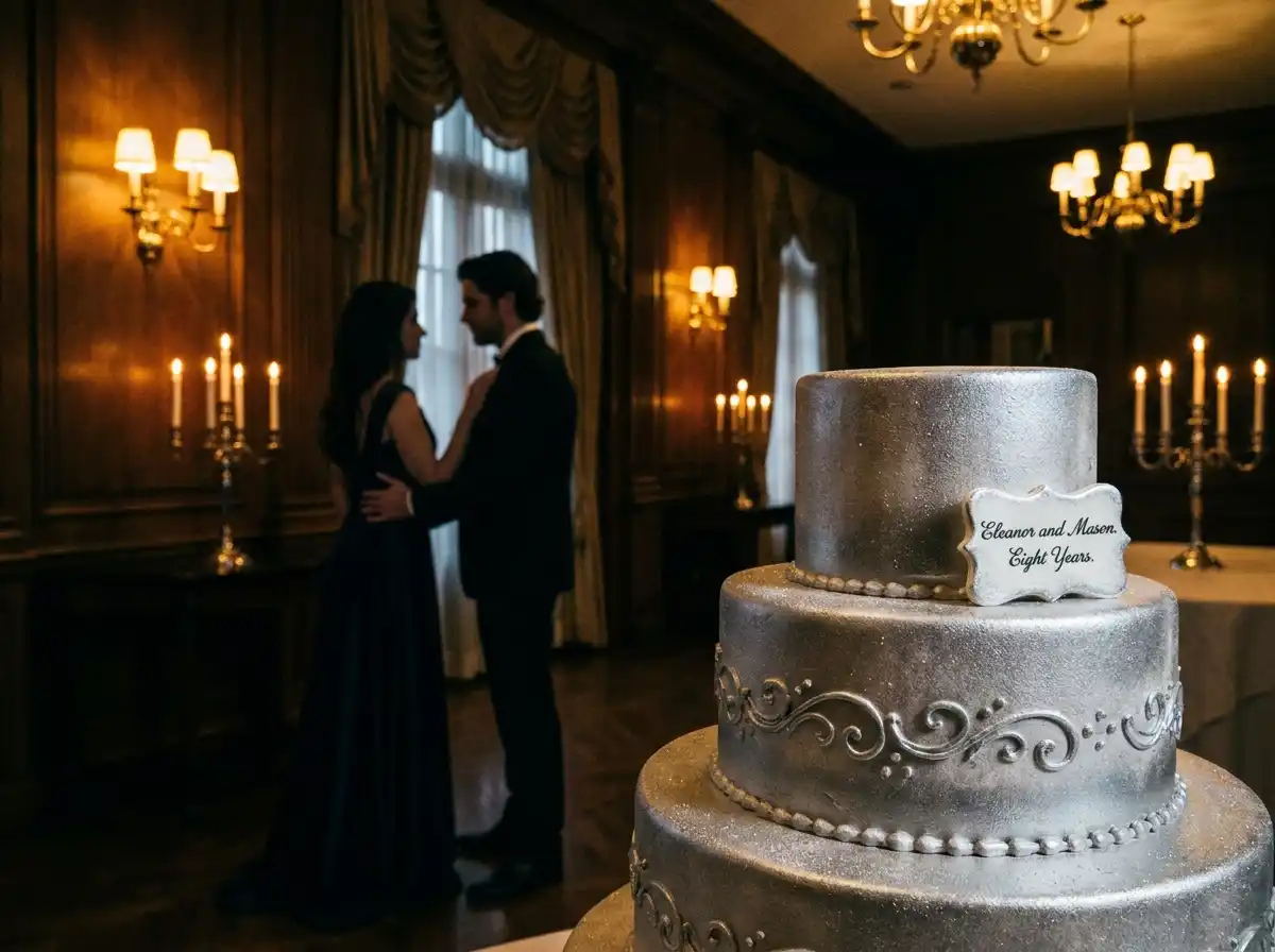 An anniversary cake with a man holding another woman in the blurred background