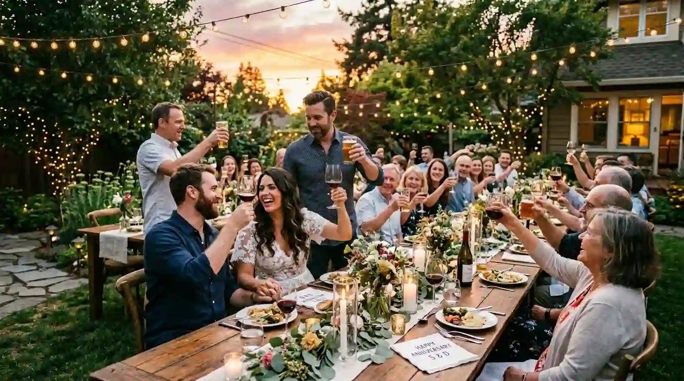 A couple celebrating their anniversary at a backyard dinner surrounded by happy friends and extended family