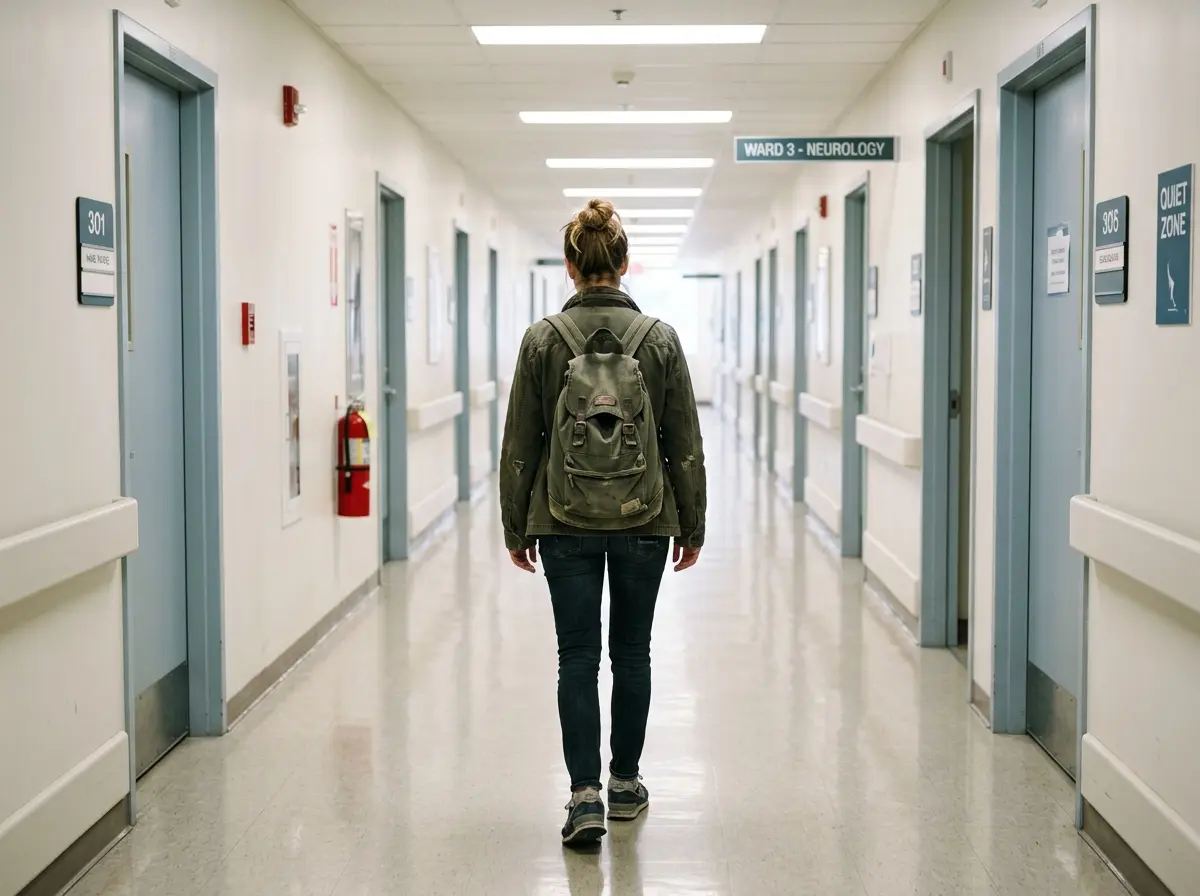 A woman with a backpack walking down a bright hospital corridor