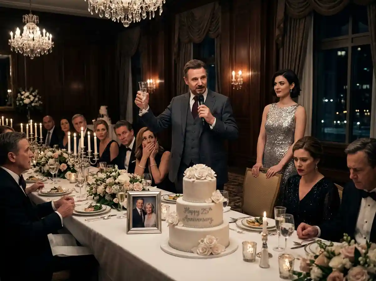 An arrogant man making a cruel speech at an anniversary dinner while a younger woman watches