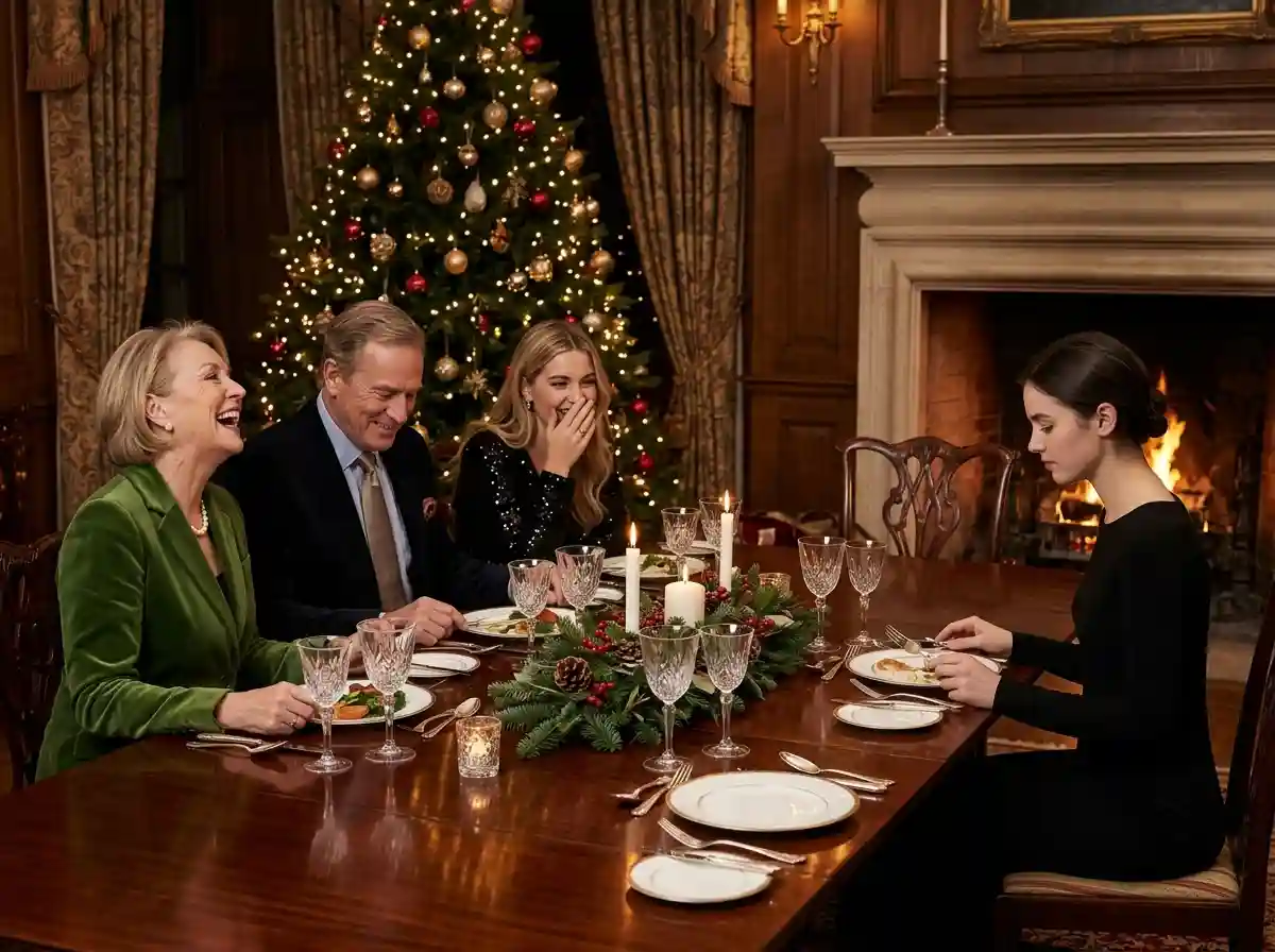 A tense Christmas dinner where an arrogant family laughs at a quiet woman