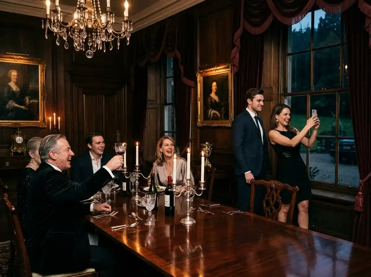 A wealthy, arrogant family laughing and drinking wine in a luxurious dining room