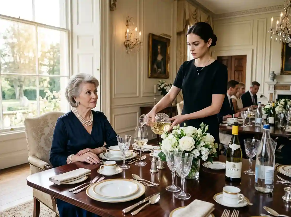An arrogant older woman sitting at a formal dining table while a younger woman pours wine