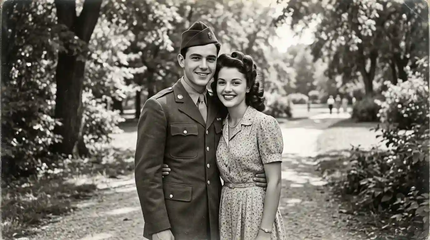 A vintage black and white photograph of Arthur in his military uniform and Evelyn smiling.