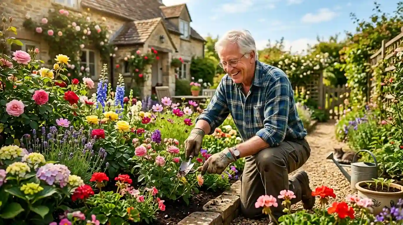 Arthur looking healthy and energetic while tending to his vibrant flower garden