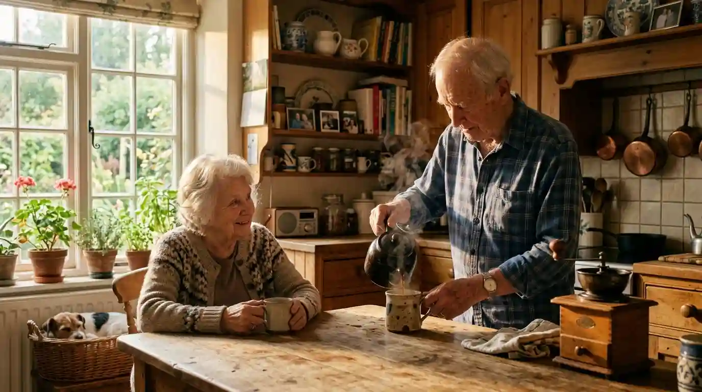 Elderly Arthur pouring a cup of coffee for his wife Evelyn in their sunlit kitchen.