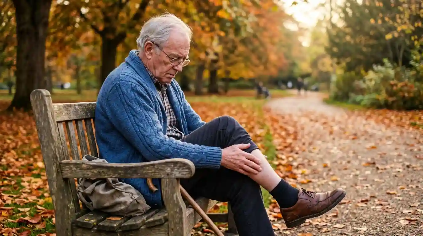 Arthur sitting on a park bench feeling fatigued and checking his swollen ankles