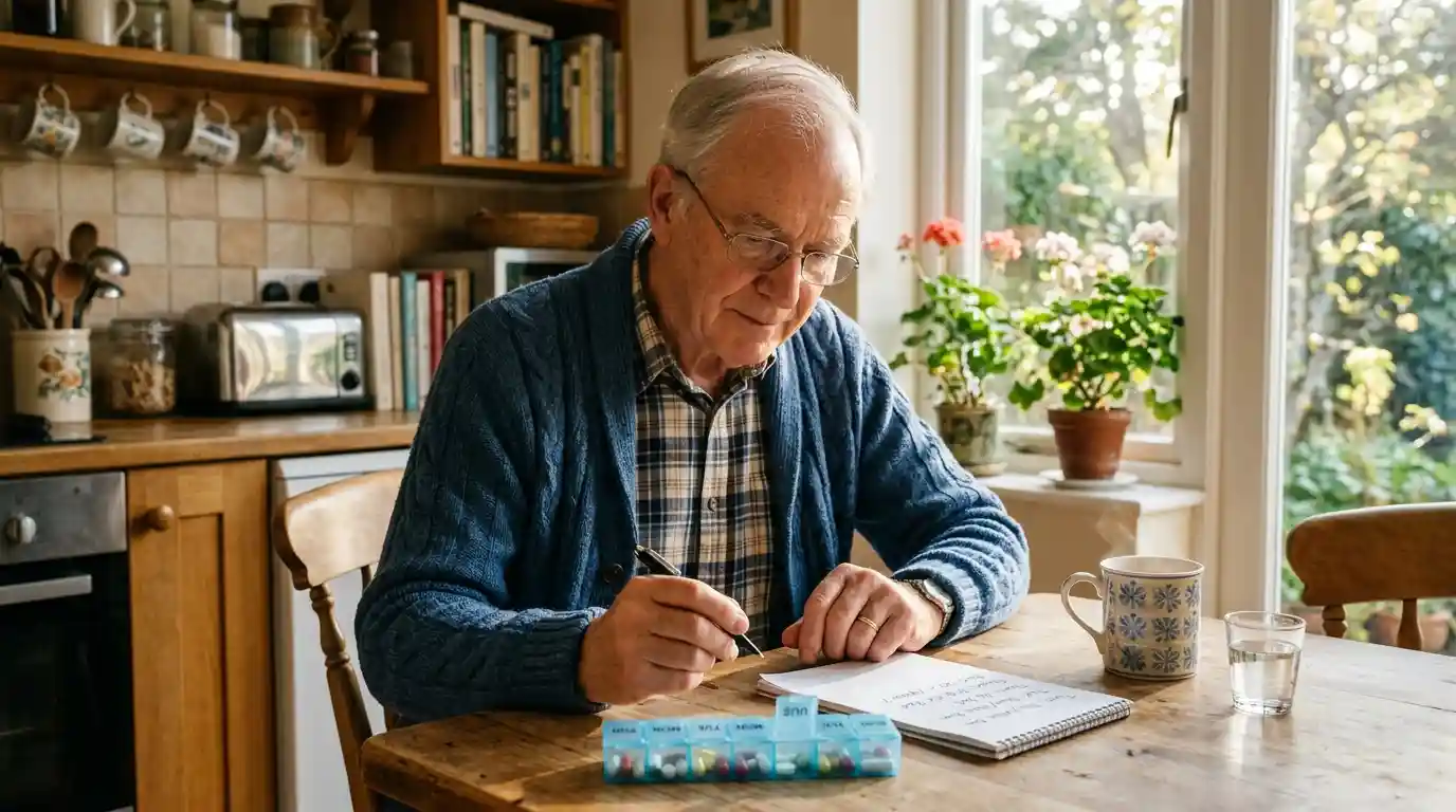 Arthur sitting at his kitchen table thoughtfully reviewing his daily pill organizer