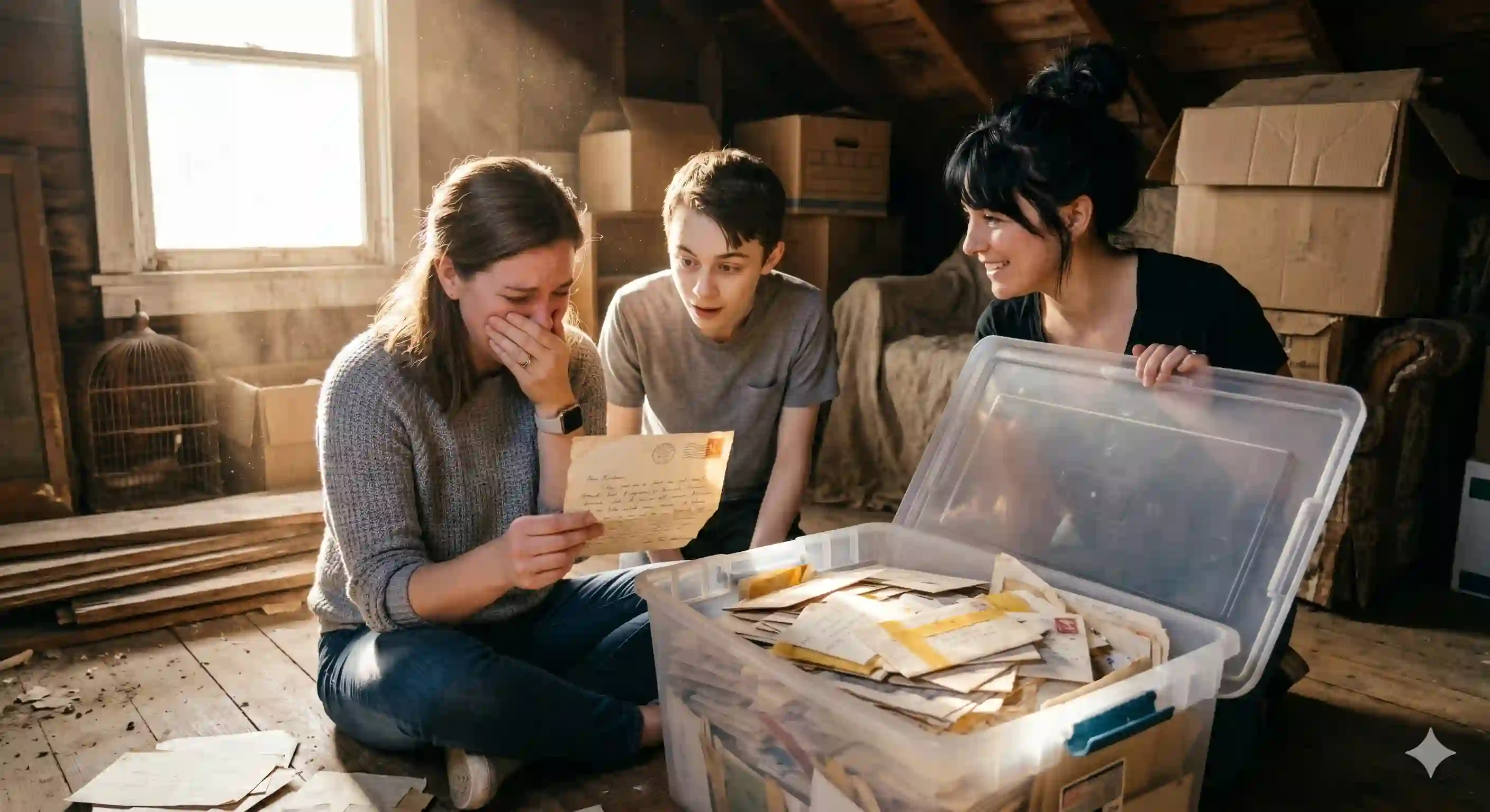 Two women and a teenage boy looking emotionally at a box of old letters in a dusty attic