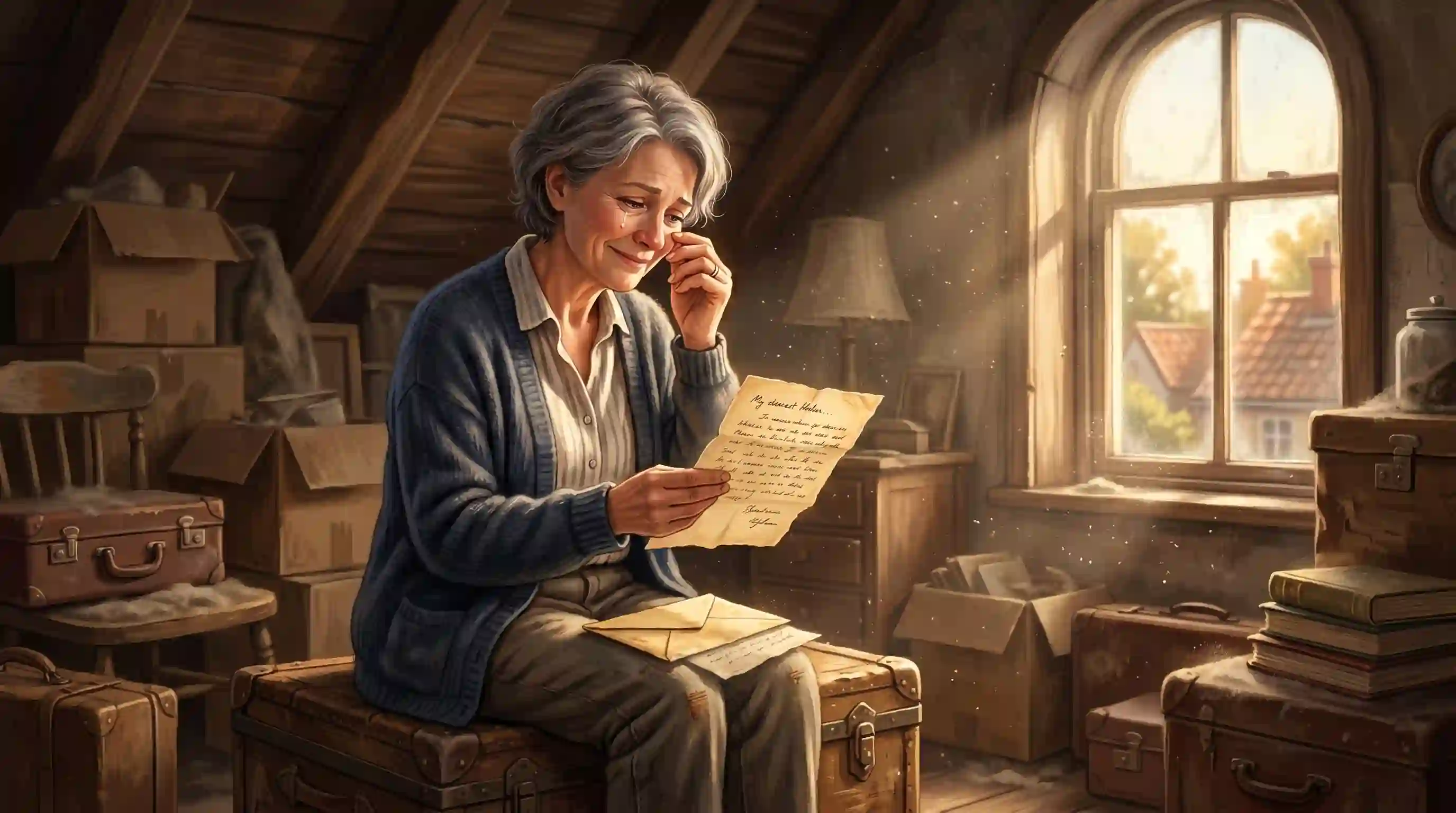 Mother finding a letter and money from her late husband in the attic
