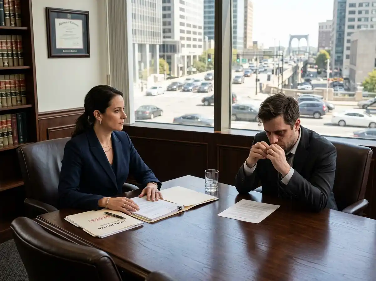 A serious meeting in a lawyer's conference room between a man and a woman