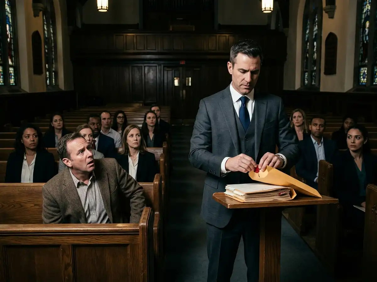 An attorney standing at a podium opening a sealed legal envelope