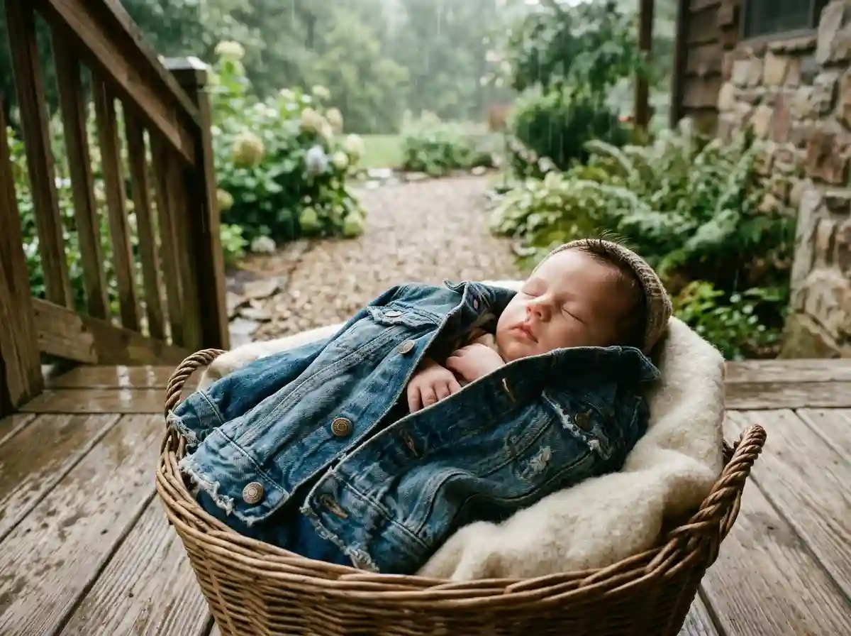 A sleeping baby wrapped in a worn denim jacket on a wooden porch