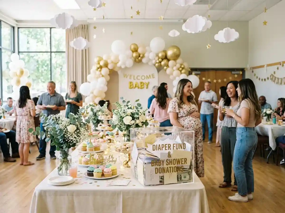 Beautiful baby shower decorations with white balloons and a donation box