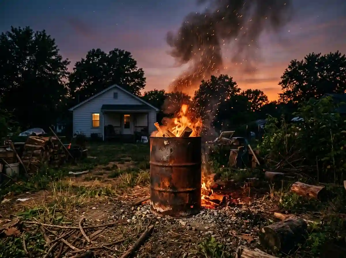 Smoke rising from a metal burn barrel in a backyard at twilight