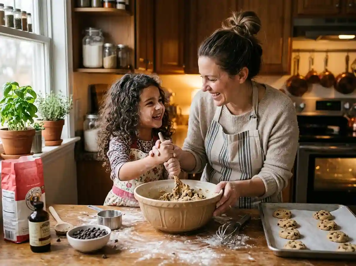 An older woman and a teenage girl happily baking cookies together in a sunlit kitchen