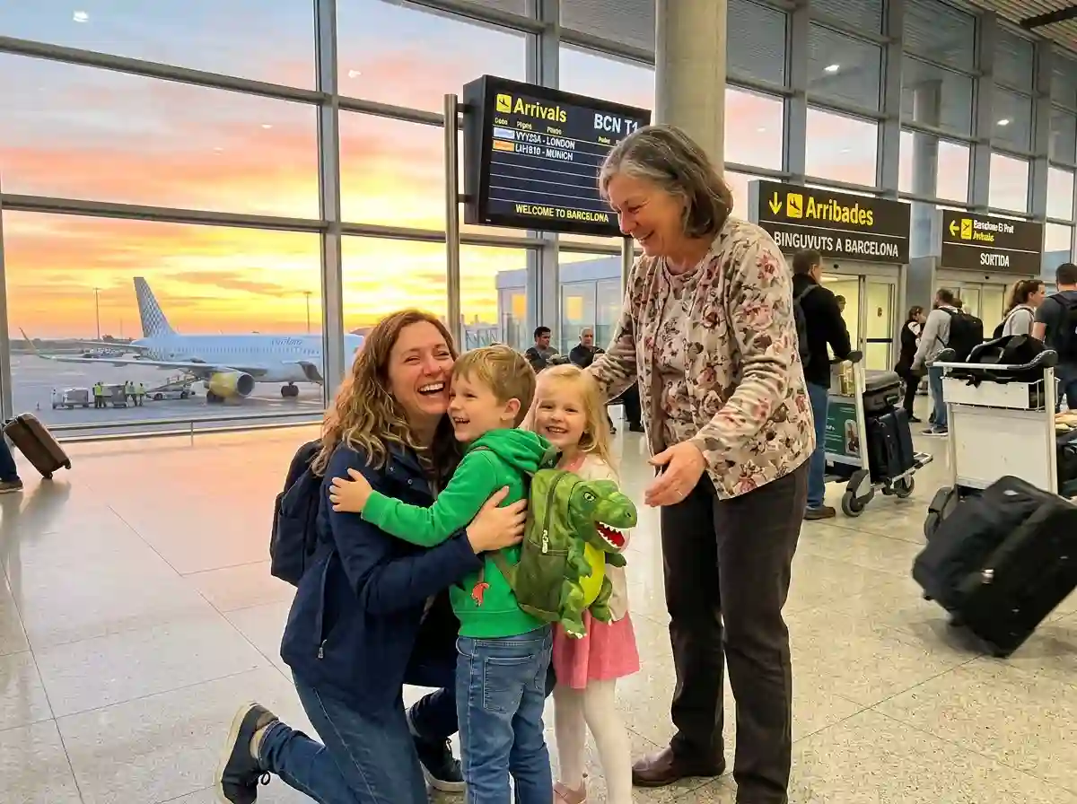 Elena and her children being greeted by Aunt Diane at the Barcelona airport.