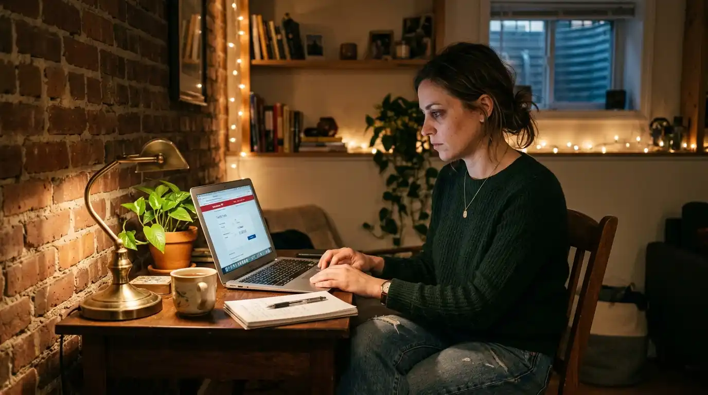 Emily sitting in her basement apartment transferring rent money on her laptop