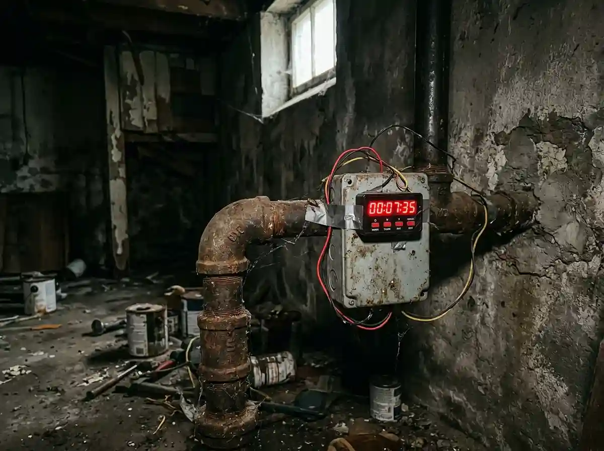 A dark basement showing a disconnected gas pipe and a timer