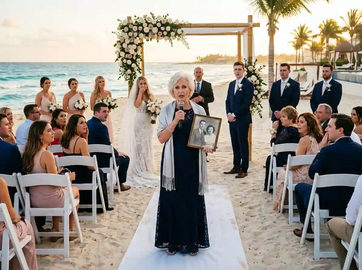 An older woman interrupting a beach wedding holding a microphone and a framed photo