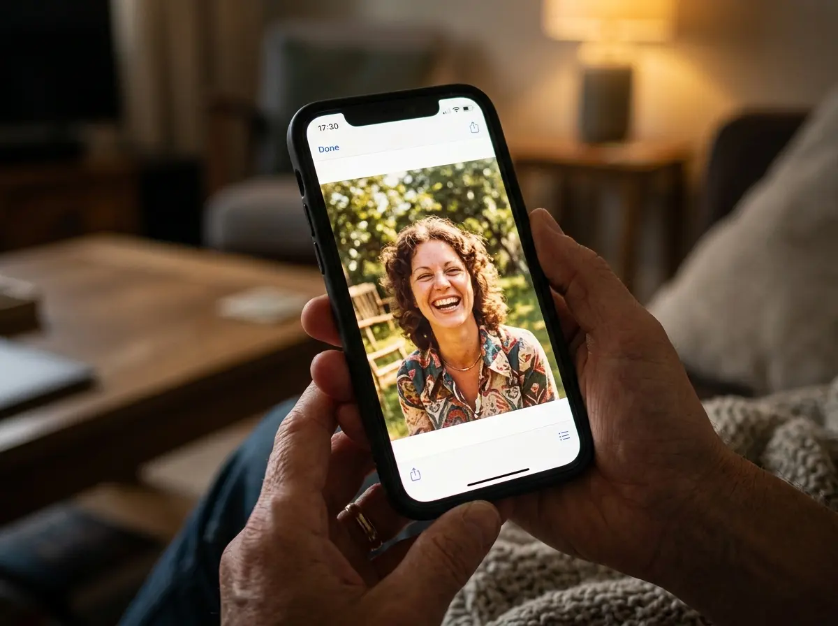 A phone screen showing a vibrant, happy photo of a smiling woman