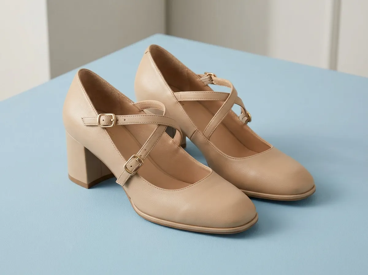 Sophisticated beige block-heel pumps with cross-straps