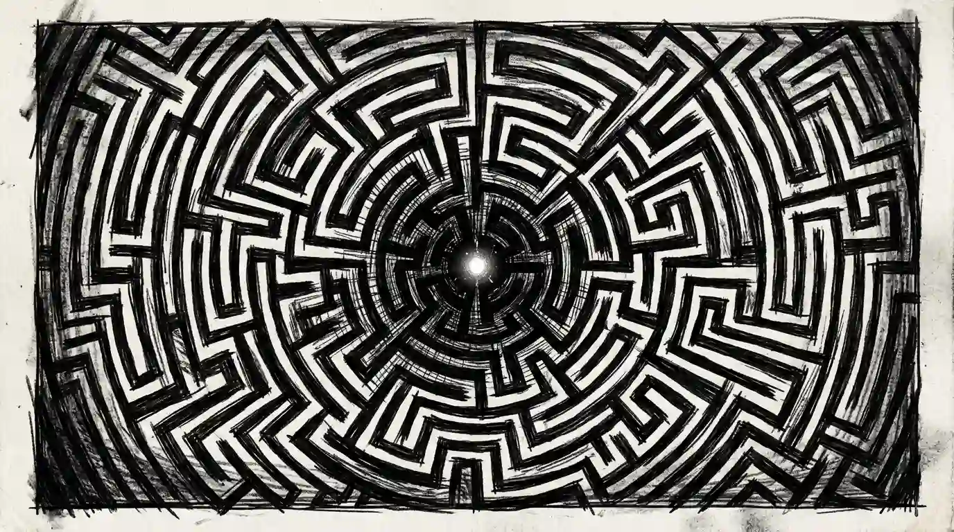 A dark ink illustration of a complex maze with a tiny light at the center
