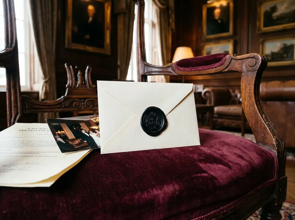 A cream-colored envelope sealed with black wax resting on a luxury chair