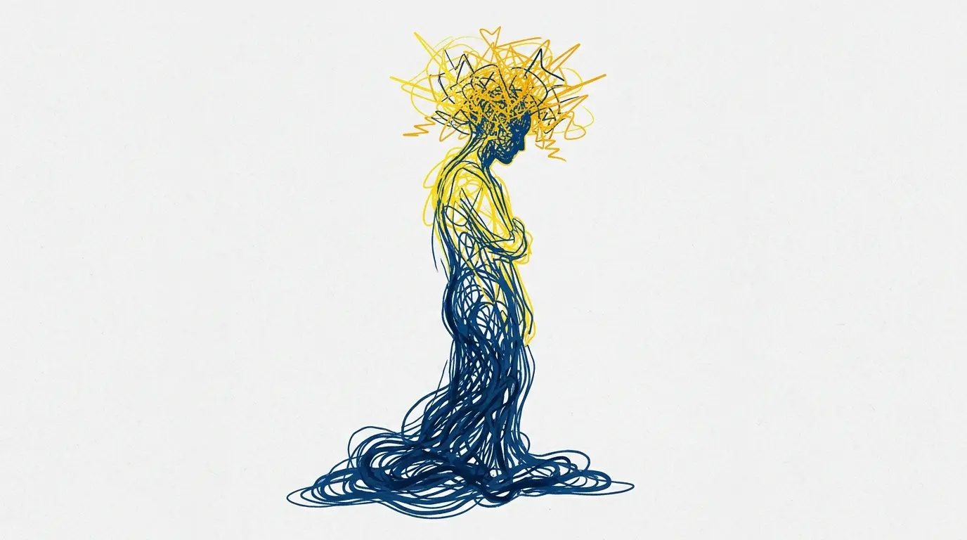 A minimalist illustration of a human silhouette made of blue and yellow scribbled lines