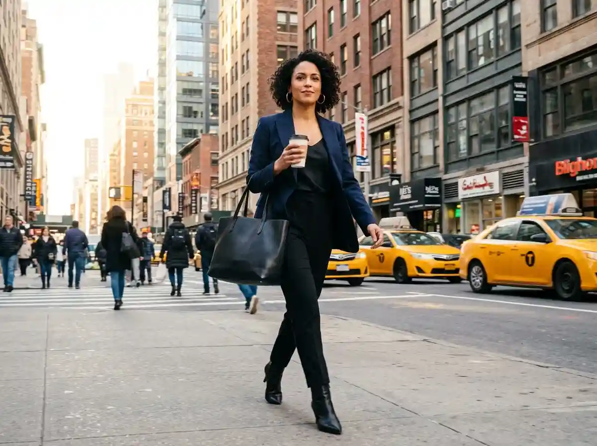 A dynamic, determined woman walking confidently in the city, representing ambition