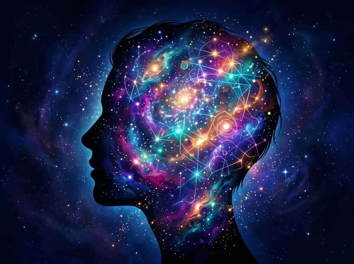 Silhouette of a human head filled with a glowing, colorful galaxy