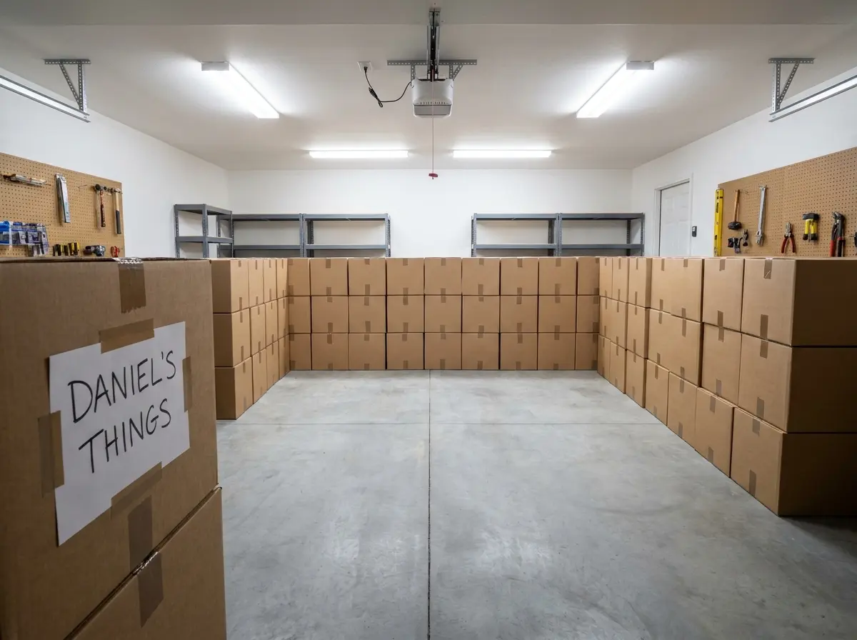 Neatly stacked and labeled cardboard moving boxes in a clean garage