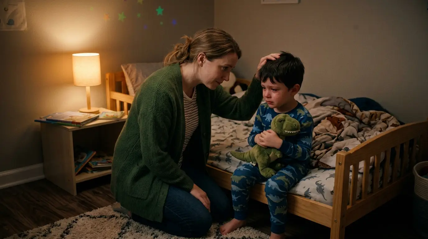 A woman comforting a sad little boy holding a dinosaur toy on the floor of a dark room