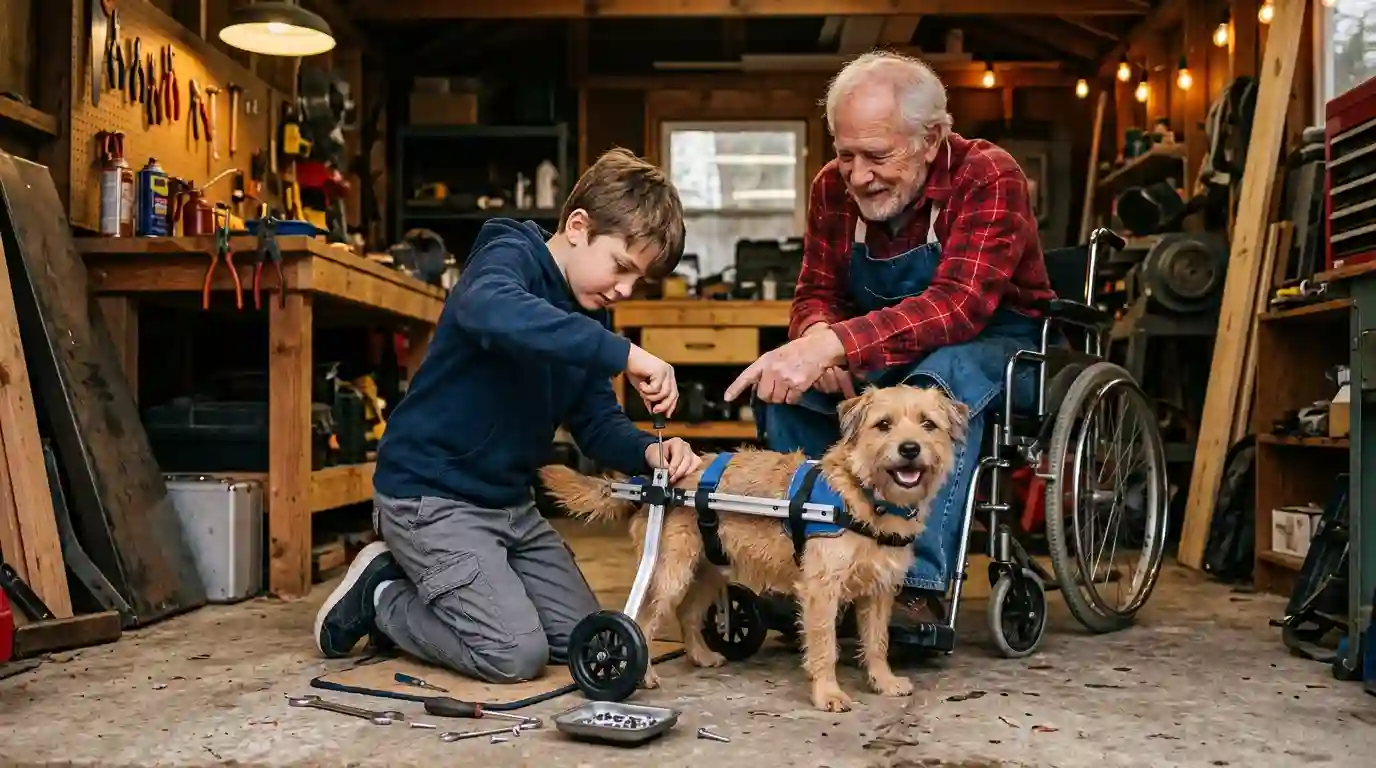 A young boy building a wheelchair for a small dog in a garage with an older man