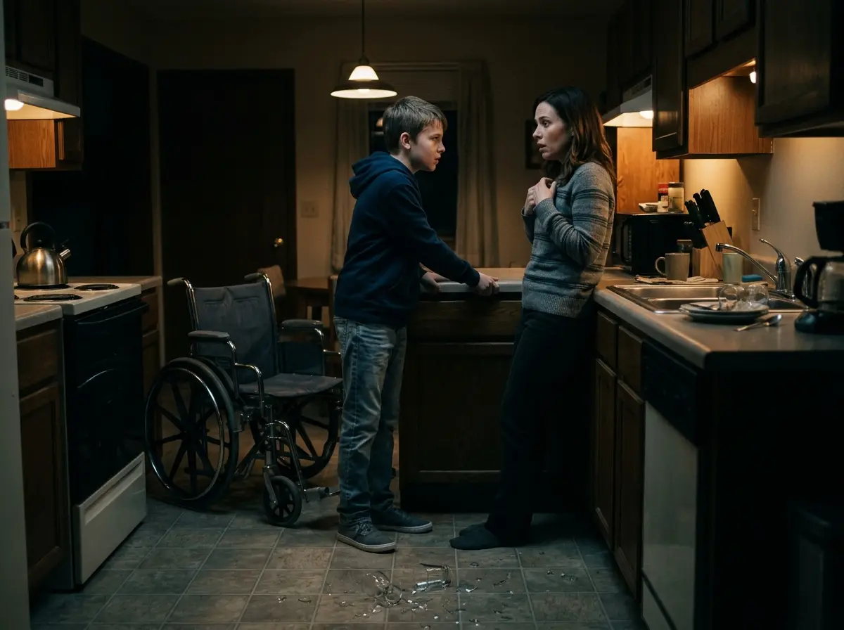A shocked woman dropping a glass as a boy stands up from his wheelchair