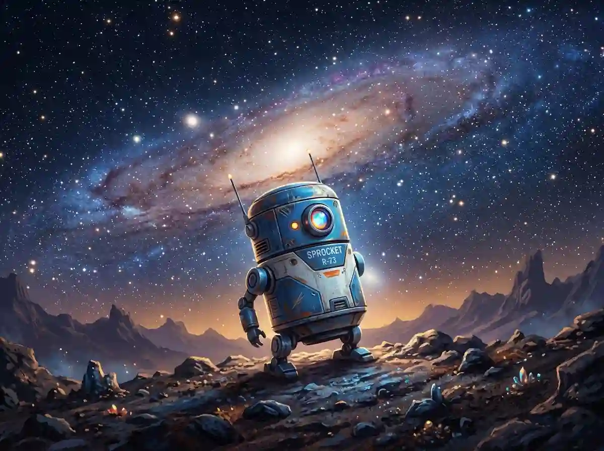 Digital painting of a small sci-fi robot standing bravely under a vast, starry sky
