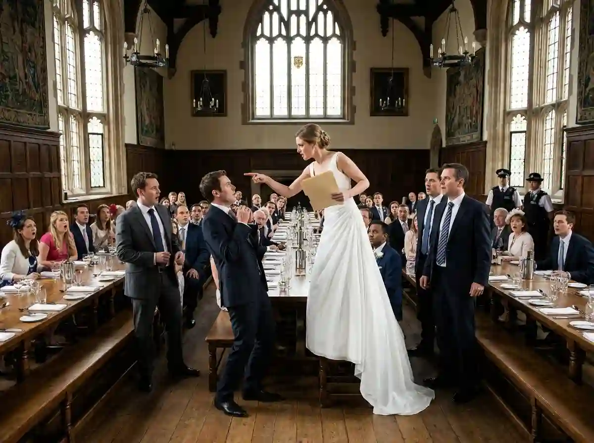 A confident bride holding a legal folder, pointing fiercely at a terrified groom in front of guests.