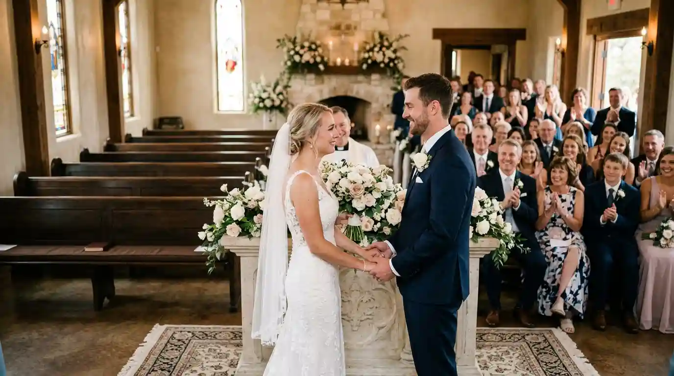 A bride and groom holding hands at the altar while the front rows are empty