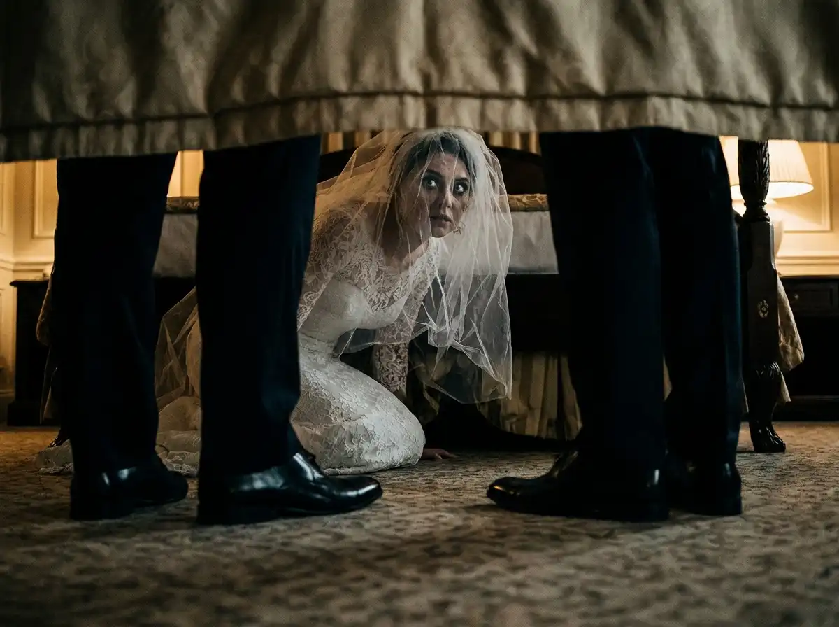 A bride hiding under a bed in the dark, looking sharp and calculating.