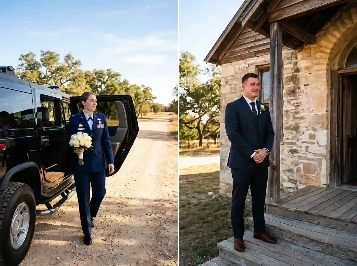A bride steps out of a vehicle wearing a decorated Air Force uniform as her groom looks on with awe.