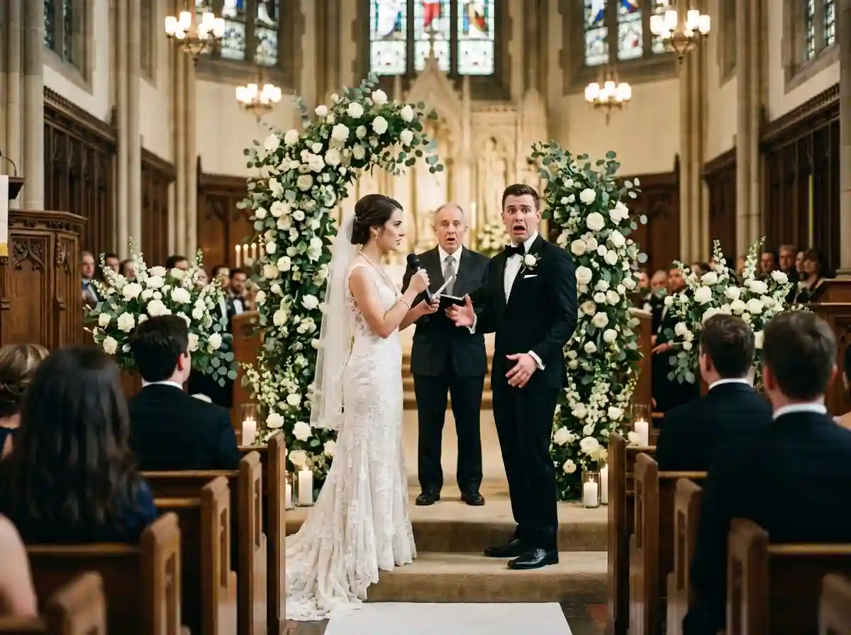 A bride at the altar holding a microphone with a determined expression