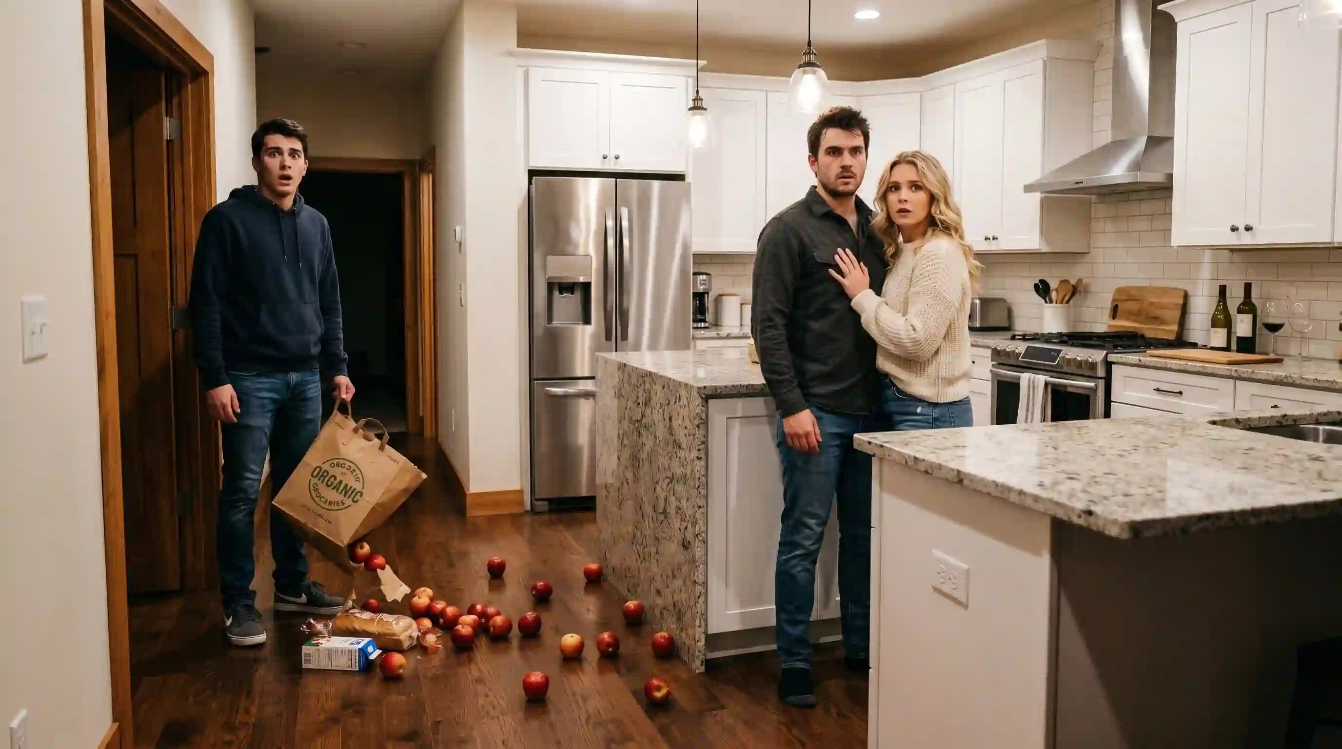 Man dropping groceries while watching his brother kiss his fiancée