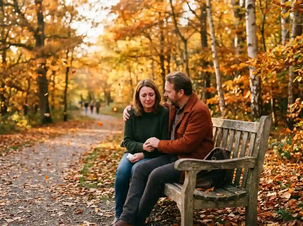 Two people having a deep, supportive conversation on a park bench in autumn.